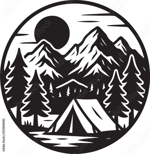 Mountain Camping Landscape with Tent and Trees - Outdoor Adventure Silhouette