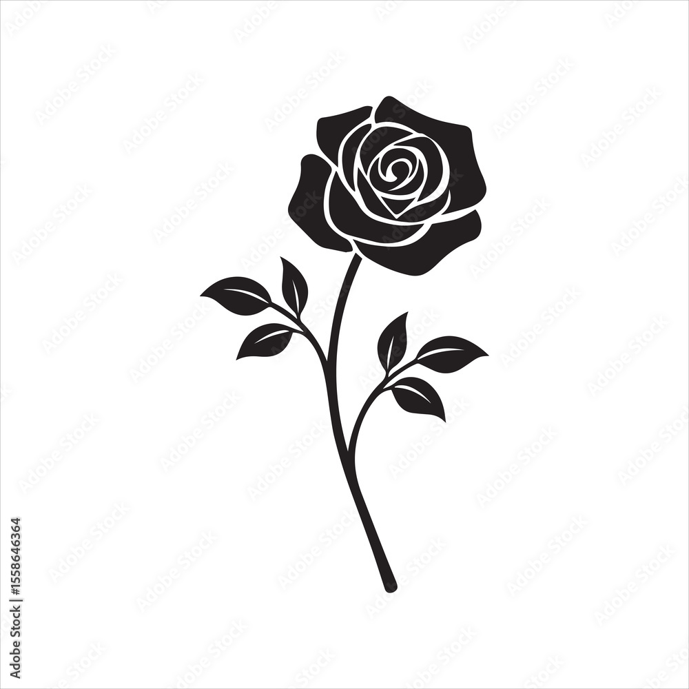 Black silhouette of a rose flower. Vector illustrations. Vector black silhouette of a rose flower with stem on a white background. Black silhouette of a rose flower. Vector illustrations. Vector black silhouette of a rose flower with stem on a white background.