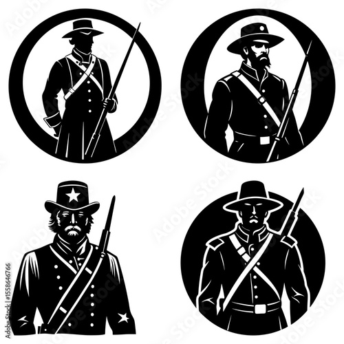 Four portraits of civil war soldiers in black and white with rifles in circular frames and uniform 100