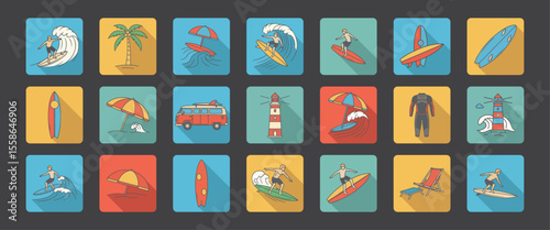 Flat Surfing and Beach Life Icons Pack with Surfers, Boards, Van, Umbrellas, and Coastal Elements in Vibrant Vector Style