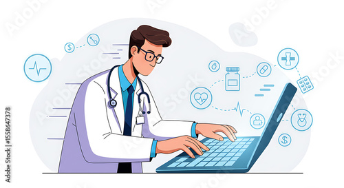 Cartoon Doctor Working on Laptop with Medical Icons.