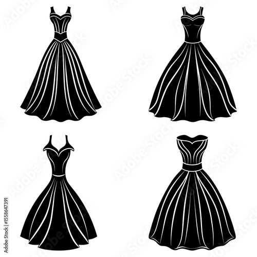 Four black dresses with different necklines and skirt styles arranged in a square pattern format