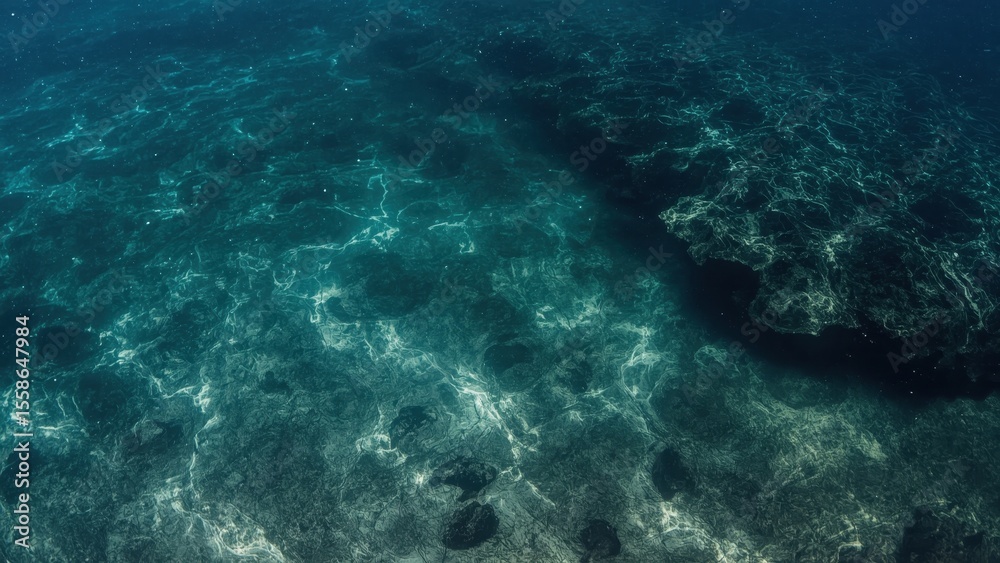Naklejka premium Underwater scene. Deep sea mining nature-based Anthropocene Cinematic fpv Water positive Planetary boundaries ooze Unravel carbon Holy Stone Aidash Clear turquoise ocean with rocky seabed underw
