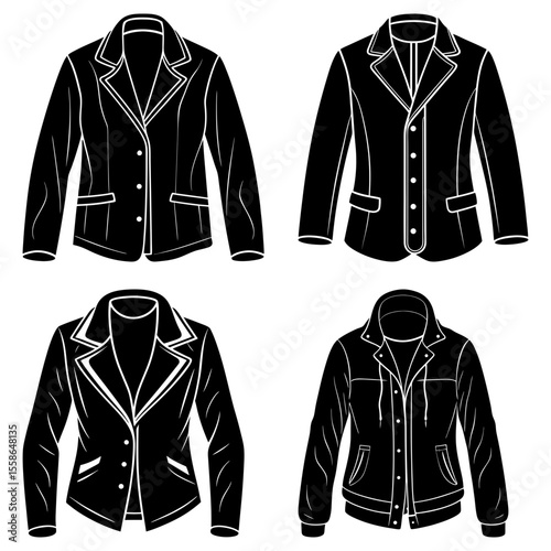 Illustration showing four different styles of black and white jackets with varying collar designs and closures