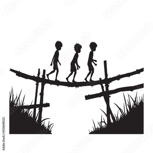 Black vector silhouette illustration of a man and woman on a rooftop with a bird and nature line art
