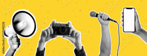 Collage elements with hands and cut out figures and doodle elements. Vintage vector set. Retro style halftone effect. Hand gestures with smartphone, camera, microphone, megaphone, loudspeaker. Adverti