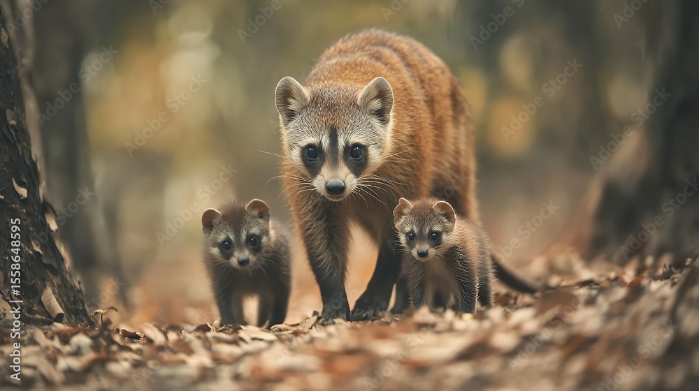 Fototapeta premium Mother raccoon with two cubs walking through fallen autumn leaves, backlit by golden sunlight creating warm atmosphere