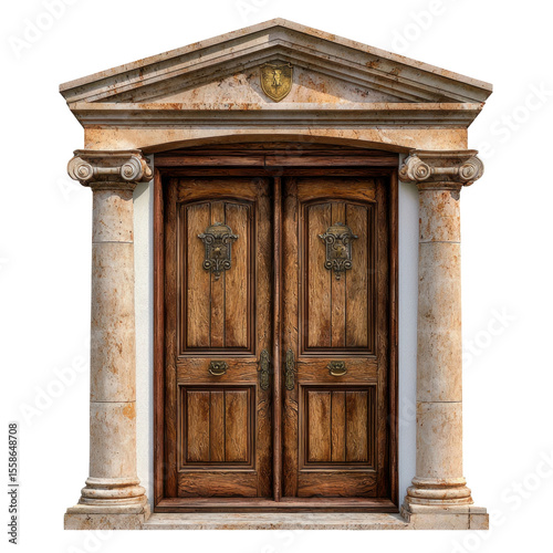 Elegant wooden door with ornate detailing and classic architecture against a white wall, showcasing craftsmanship and designtransparent background transparent background