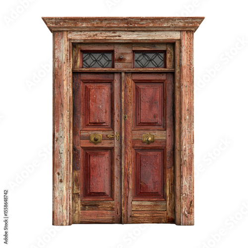 Weathered Vintage Wooden Door with Rustic Texture and Classic Design in Warm Tones for Architectural Photographytransparent background transparent background