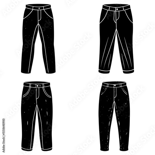 Four pairs of black pants with varying styles and fits displayed in a grid arrangement on white background