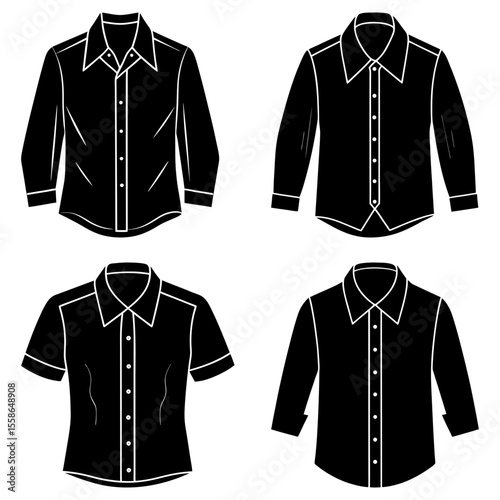 Collection of four black shirts with different sleeve lengths and button styles in a simple graphic style