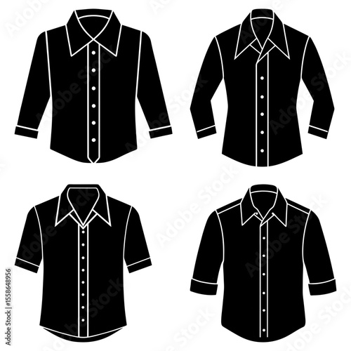Four black shirts with different sleeve lengths and collar styles arranged in a square pattern