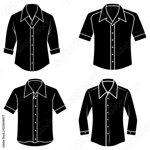 Four black shirts with different sleeve lengths and collar styles arranged in a square pattern