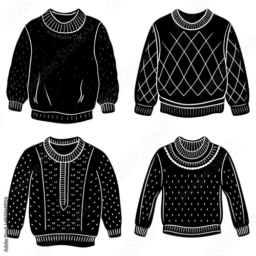 Illustration of four black and white sweaters with different patterns and textures displayed together