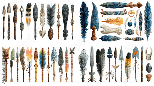 Hand-painted tribal weapons and primitive ornaments including spears, feathers, bones, and masks, ideal for ancient or fantasy themes.

