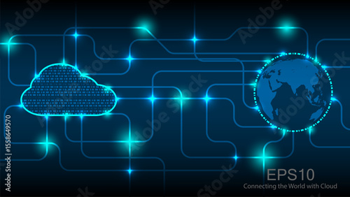 Digital cloud computing network with glowing connections and earth globe, technology concept connecting world with cloud, futuristic data transfer and communication
