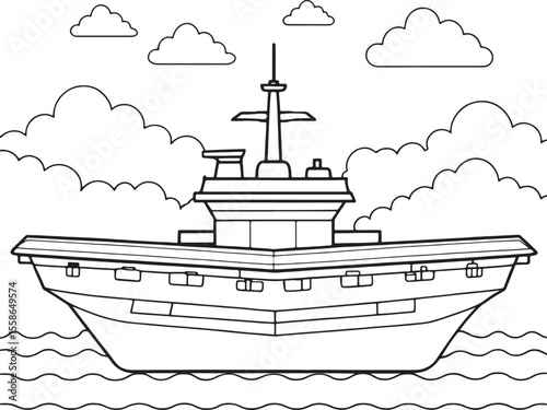 Navy aircraft carrier outline surrounded by waves and clouds in a simple design