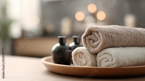 High-quality photo of massage therapy session, A close-up of neatly stacked towels and a tray of spa products with a blurred background.