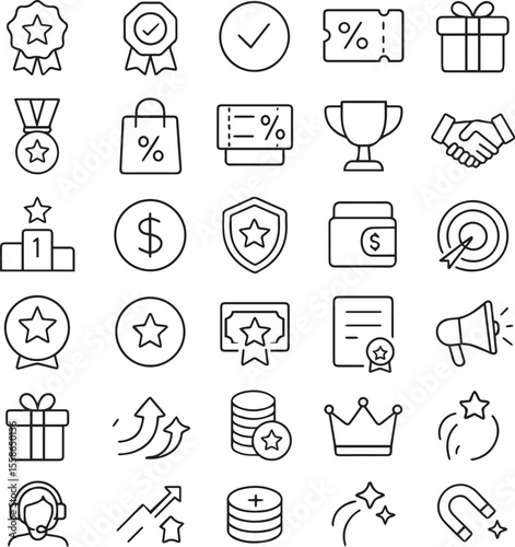 Benefit set of web icons in line style. Exclusive benefits linear icon collection. Containing reward, bonus, loyalty, star, winner, award, prize, incentive, reward and more. Editable stroke