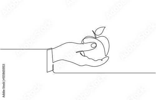 Continuous one line drawing of hand holding apple fruit. Simple apple fruit on hand line art, One continuous line illustration of apple in hands. Continuous line drawing of apple in hand editable.