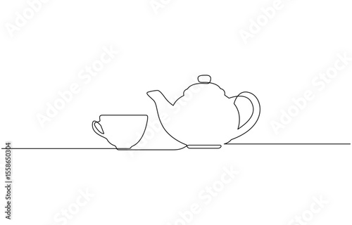 Teapot and tea cup vector one line continuous drawing illustration. Pouring drink. Teapot pouring tea to the cup in continuous one line drawing. Single line art draw of Teapot. Editable vector.