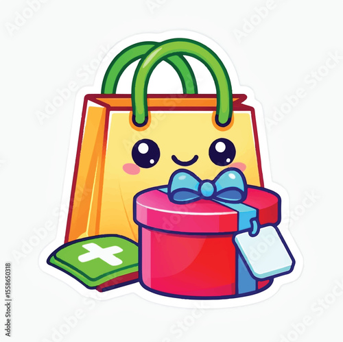 Cute Shopping Bag, Gift Box, and First Aid Kit with Smiling Faces – Kawaii Cartoon Vector Illustration