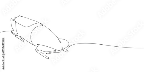 Continuous line drawing of a bobsled on snow, depicting winter speed sport in a clean and minimalistic black and white outline style.