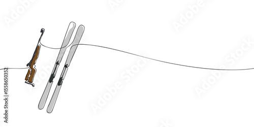Minimal continuous line illustration of a biathlon rifle and skis, ideal for winter sports designs or Olympic-themed content.
