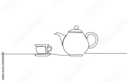 Teapot and tea cup vector one line continuous drawing illustration. Pouring drink. Teapot pouring tea to the cup in continuous one line drawing. Single line art draw of Teapot. Editable vector.