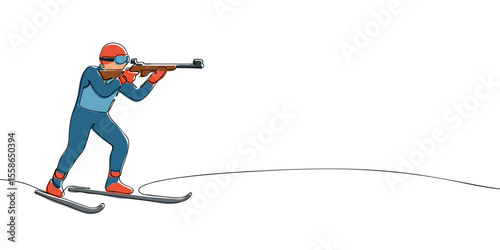 Stylized continuous line illustration of a biathlon skier aiming a rifle, representing winter sports and Olympic competition in snowy conditions.