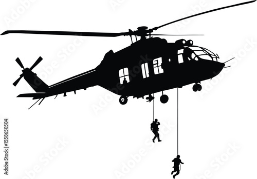  Military Helicopter with Rappelling Soldiers Silhouette Vector: Tactical Operations & Special Forces Art
