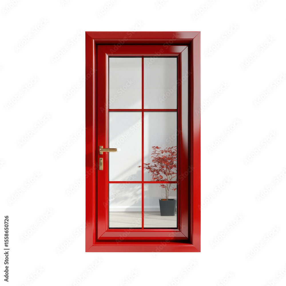 Obraz premium Modern Red Door with Glass Panels, Featuring Potted Plant and Bright Interior Design, Inviting Home Entrance Concepttransparent background transparent background