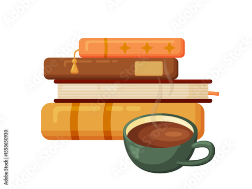 Cozy books and coffee flat illustration