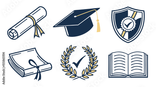 Graduation and Education Icons Set — Diploma, Cap, Book, Tassel, Shield, Wreath, Ribbon