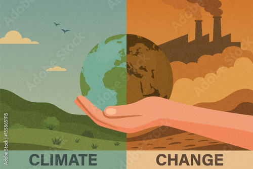 Climate Change Vector Illustration with Earth in Hand. Global Warming Concept. Air Pollution, Factory Emissions, Deforestation, Environmental Damage, Save The Planet, Nature and Industry Contrast