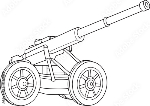 Outlined artillery gun with wheels illustration for coloring book pages