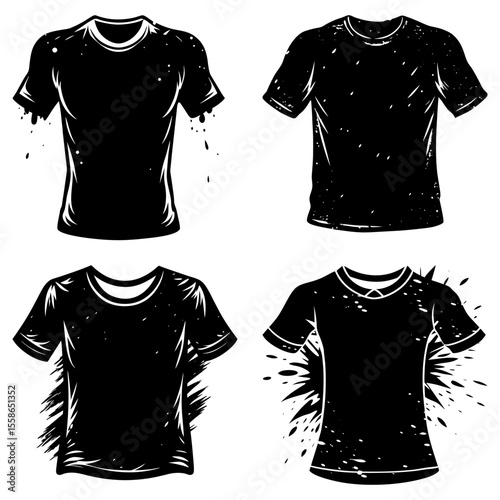 Four stylized black t shirts with different designs and grunge effects in vector format illustration