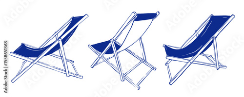 Beach chair hand drawn sketches set vector illustration. Outdoor folding furniture collection for patio, pool and deck. Summer vibe aesthetic drawing.