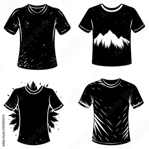Collection of four black and white t shirts with different designs and grunge textures isolated on white