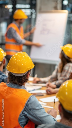 Group of construction workers in yellow helmets attending safety training session near whiteboard in industrial setting perfect for workplace education, team briefings and labor visuals