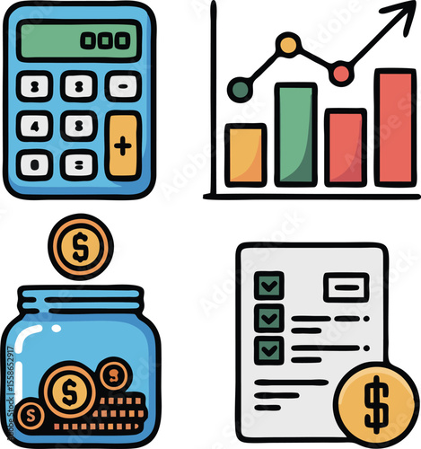 Finance and accounting vector icons with calculator graph coins checklist and savings jar for budget money and tax planning