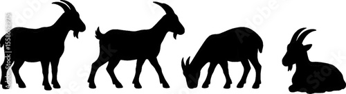 Goat Silhouette Set Vector on Transparent Background, Farm Animal Clipart Collection