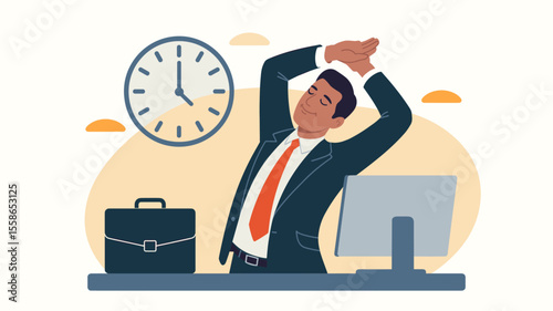 businessman stretching at his desk by a clock, vector illustration for the end of the workday, work-life balance and office stress relief