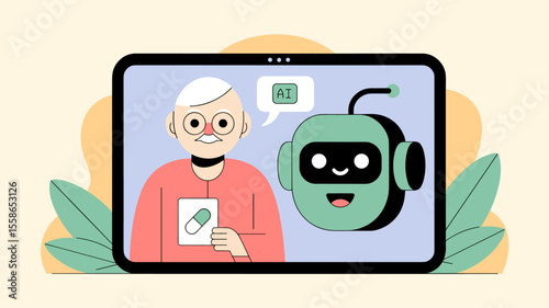 senior woman on tablet consulting with an ai robot, vector illustration for elderly care, ai companion bot and telemedicine for seniors