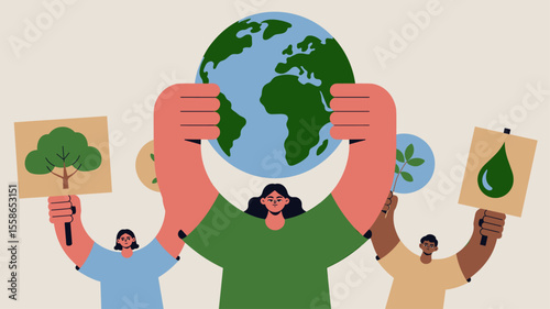 diverse activists holding the earth and protest signs, vector illustration for environmental activism, climate protest and sustainability movement