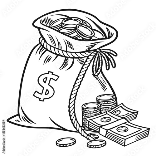 Wealth Sack Line Art Vector Illustration, Money Bag Outline Clipart