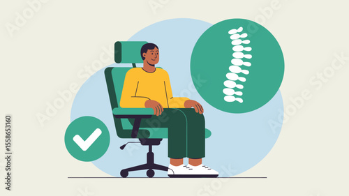 office worker sitting in an ergonomic chair with correct posture, vector illustration for ergonomic workspace, employee wellness and workplace health