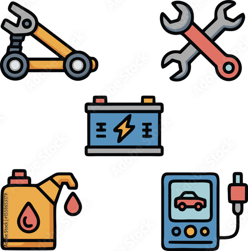 Car repair tools vector set with wrench oil battery jack and electric diagnostic icons for automotive service or garage theme