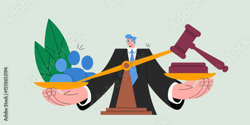 lawyer holding scales of justice with people and a gavel, vector illustration for esg compliance, corporate social responsibility and ethical governance