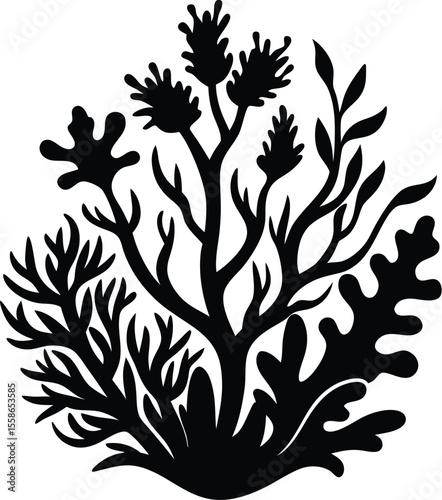 coral seaweed silhouette, underwater plant vector, abstract marine design